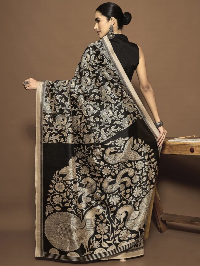 Women's Bhagalpuri Silk Black Printed Ready To Wear With Blouse Piece