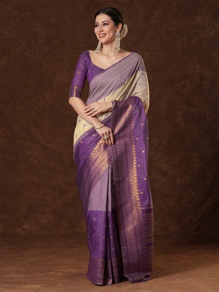 Women's Cotton Blend Purple Woven Design Designer Saree With Blouse Piece