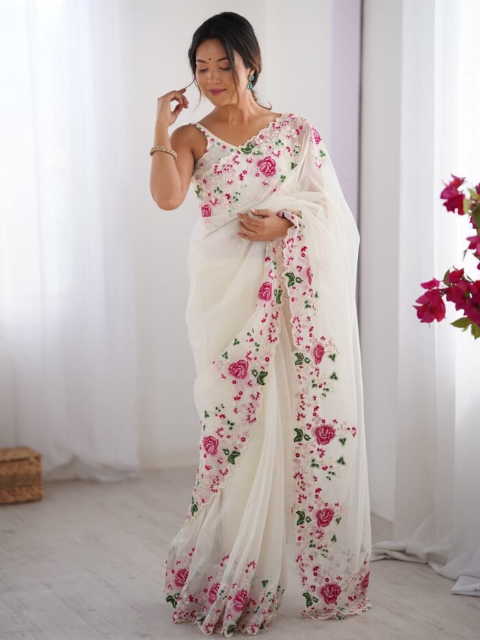 Women's Net Off White Embroidered Designer Saree With Blouse Piece