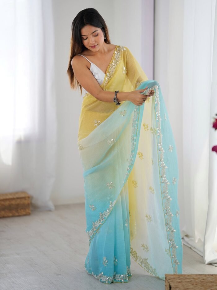 Women's Chiffon Yellow Embellished Designer Saree With Blouse Piece