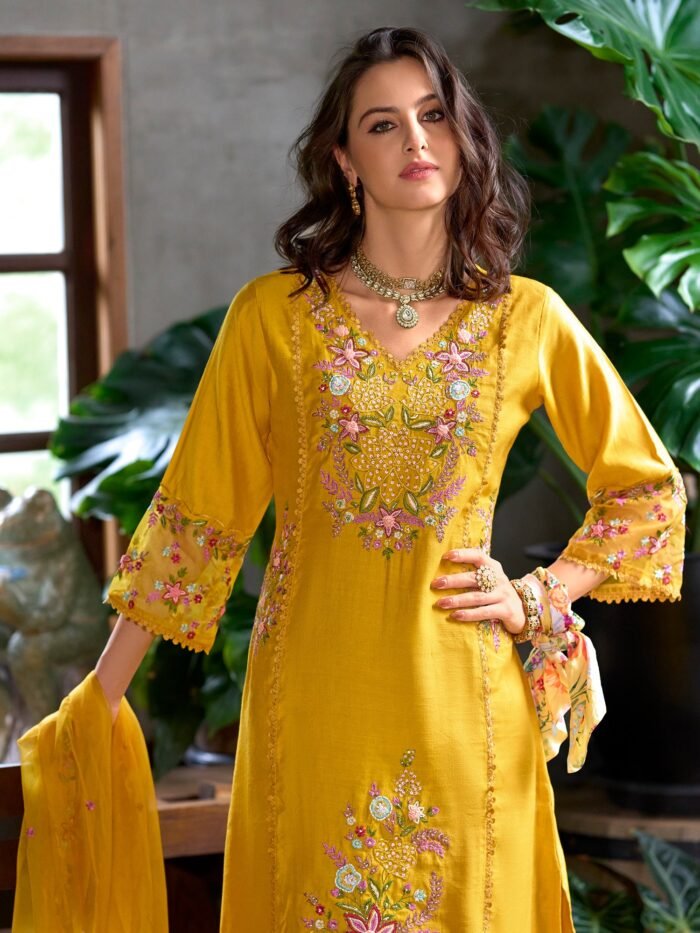 Women's Yellow Cotton Blend Embroidered Kurta Set