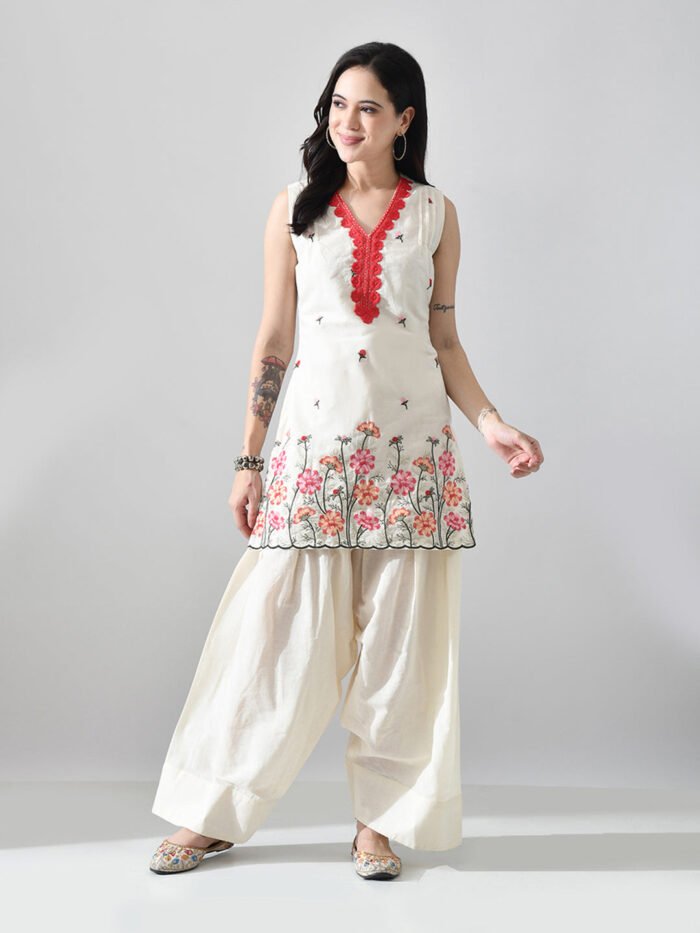Women's Off White Embroidered Short Kurta With Farsi Salwar
