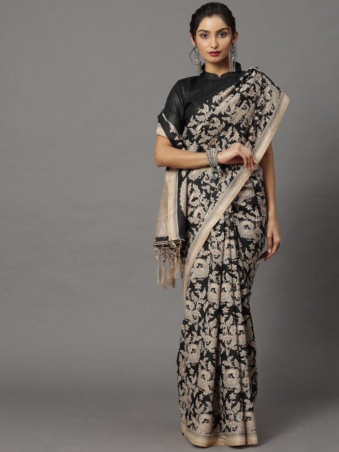 Women's Bhagalpuri Silk Black Printed Designer Saree With Blouse Piece