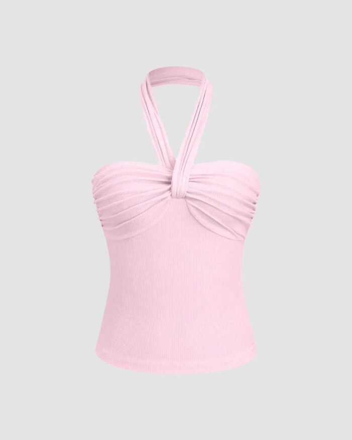 Ruched Halter Crop Top in Baby Pink