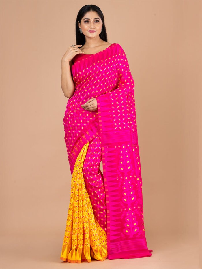 Women's Yellow And Pink Silk Blend Meenakari Jamdani Saree