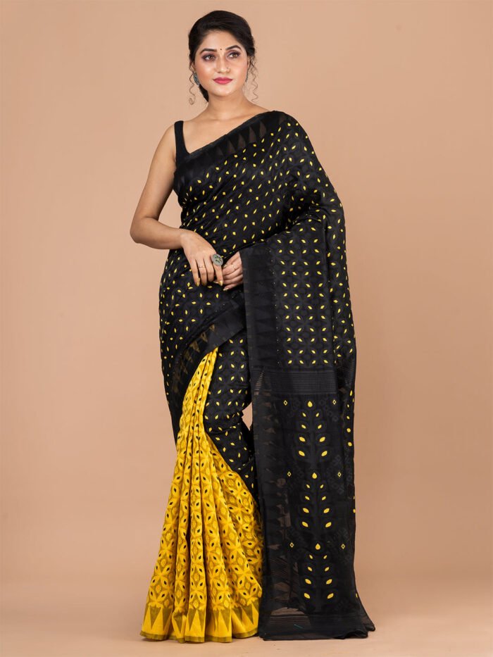 Women's Yellow And Black Silk Blend Meenakari Jamdani Saree