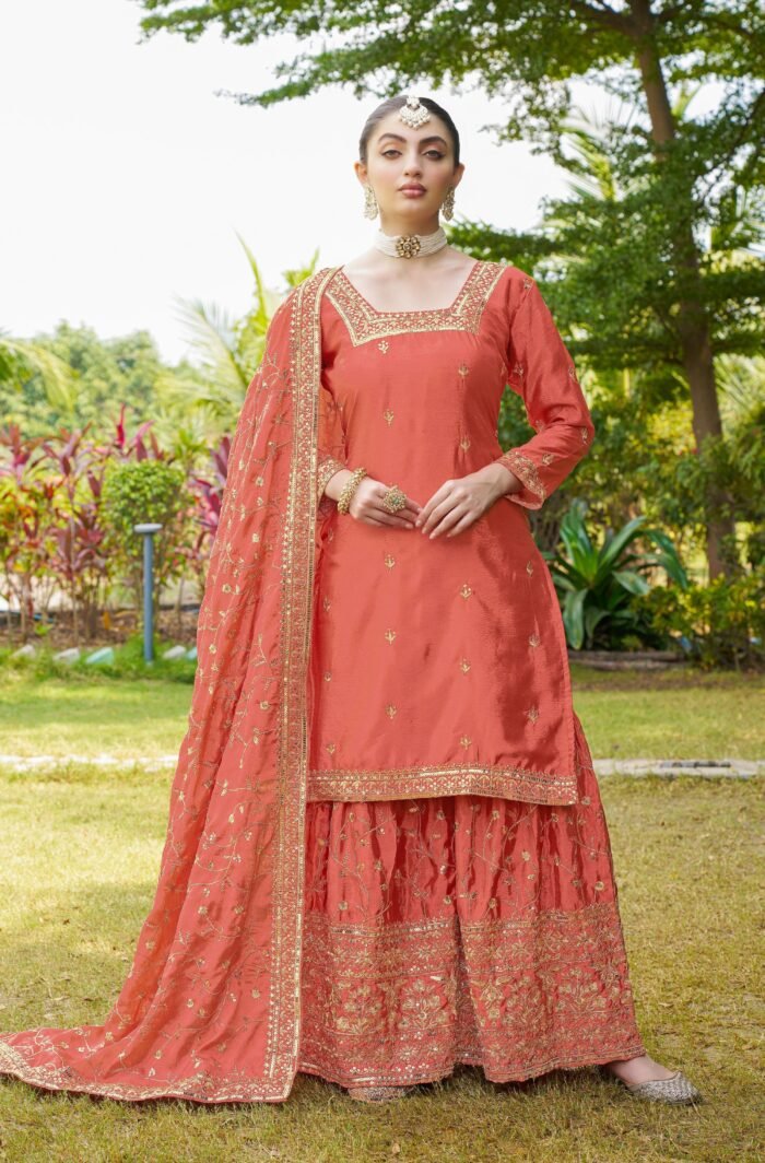 Women's Orange Colour CHINON Silk Heavy Embroidery Work Fully Stitched Pakistani Salwar Suit