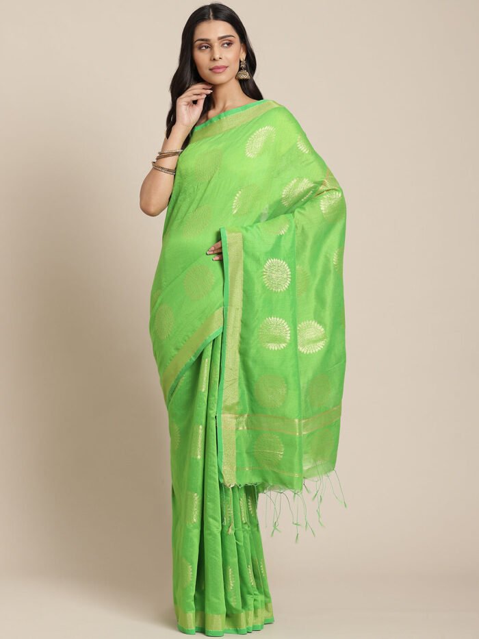 Women's Green And Golden Silk Blend Handloom Saree