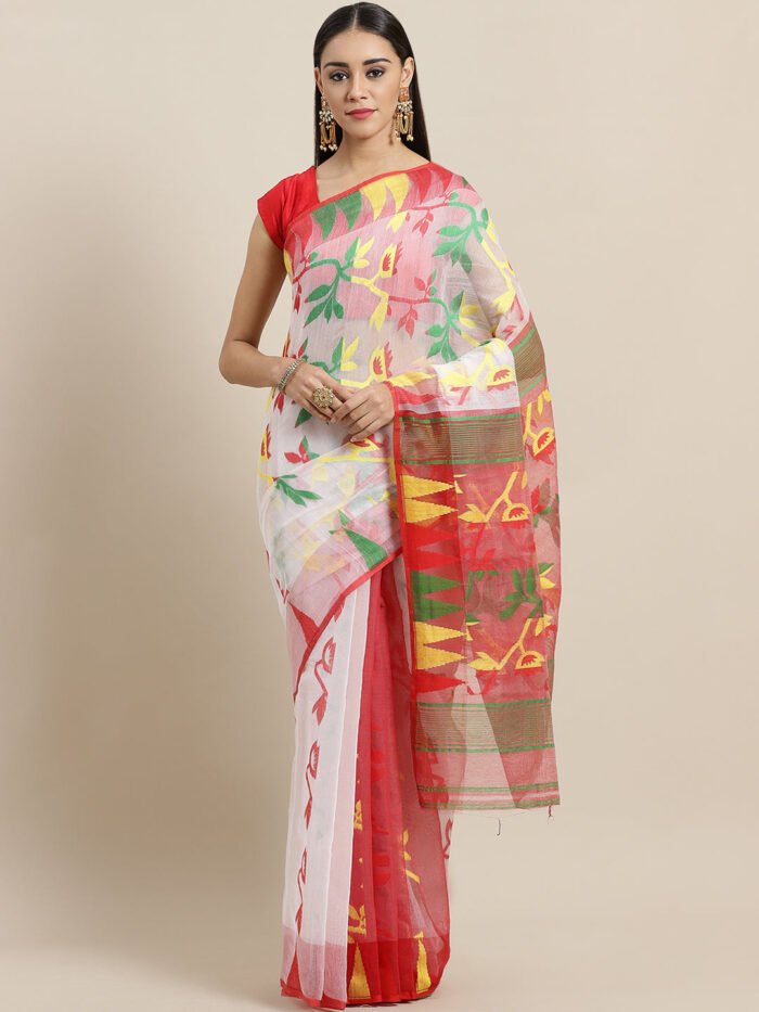 Women's White And Red Cotton Blend Jamdani Saree
