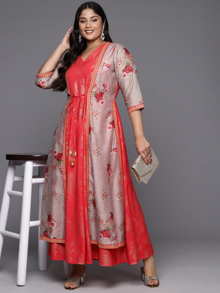 Women's Red Crepe Printed V-Neck Gown