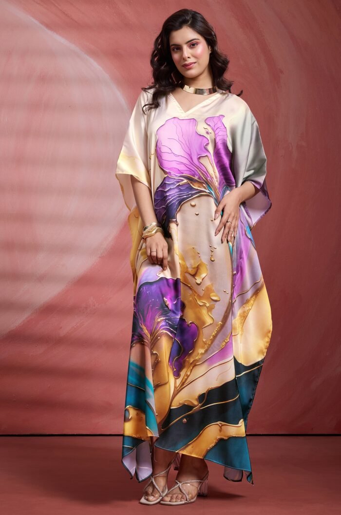 Violet Grace Soft Satin Women Kaftan Dress with Digital Print