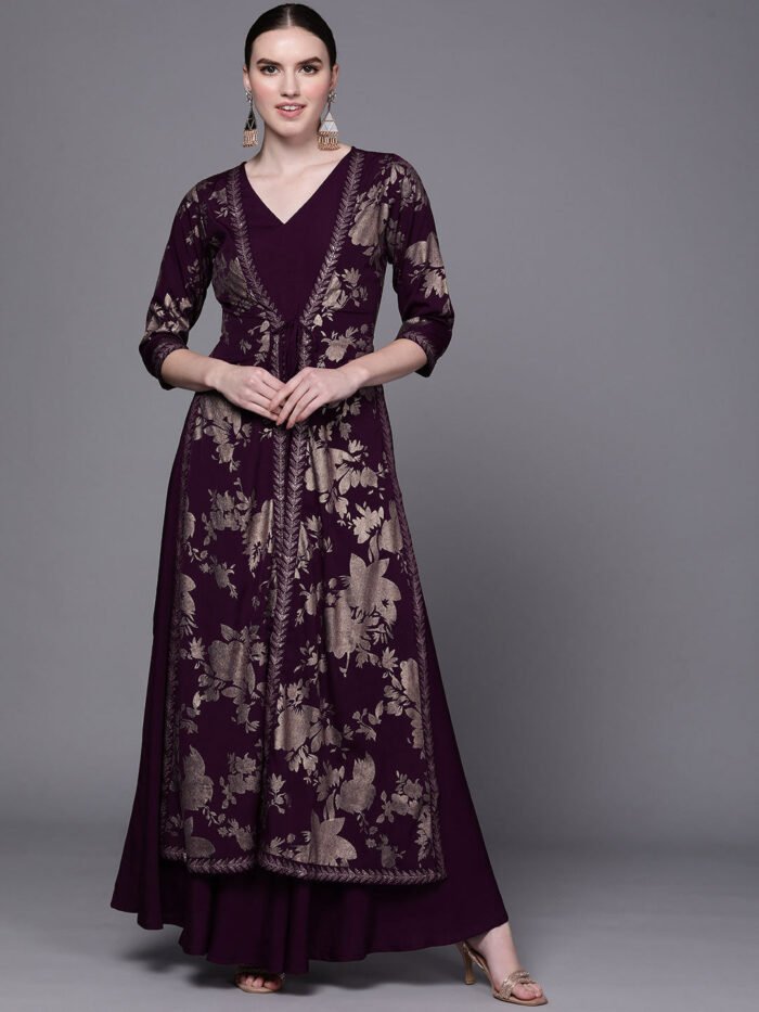 Women's Wine Crepe Printed V-Neck Gown
