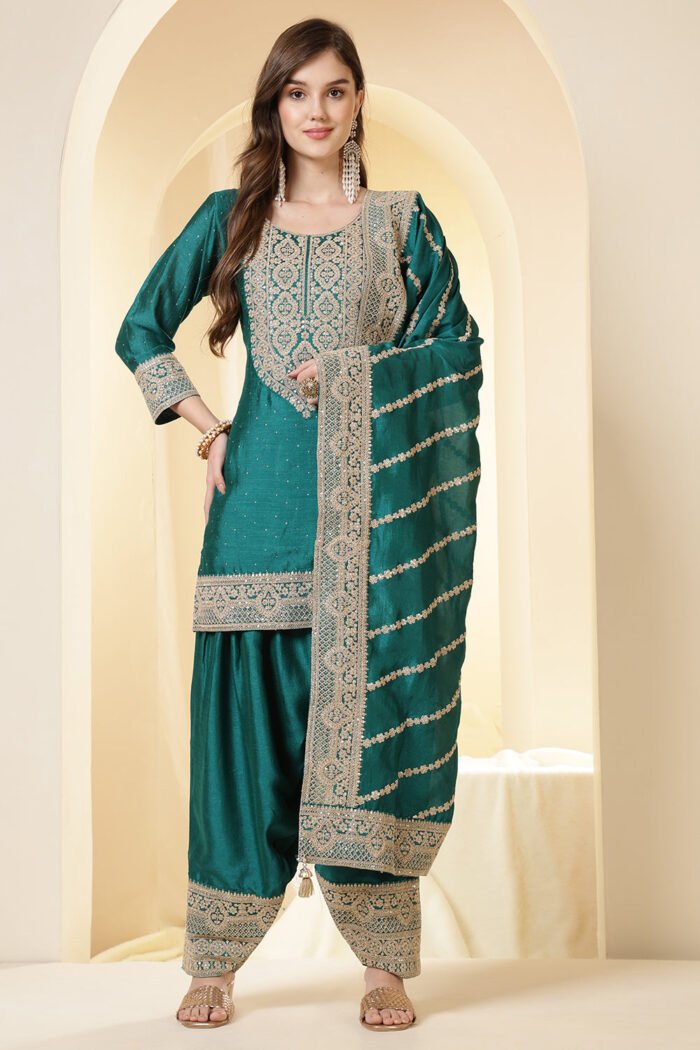 Teal Silk Zari Embroidered Suit With Farsi Salwar