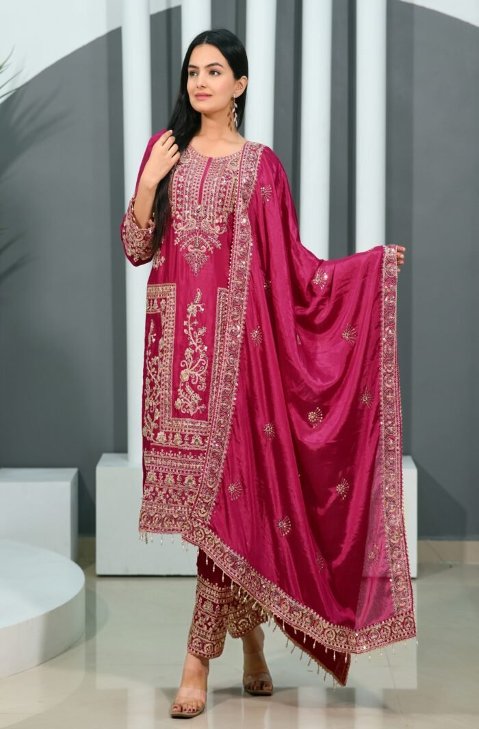 Women's Rani Colour CHINON Silk Heavy Embroidery Work Fully Stitched Pakistani Salwar Suit