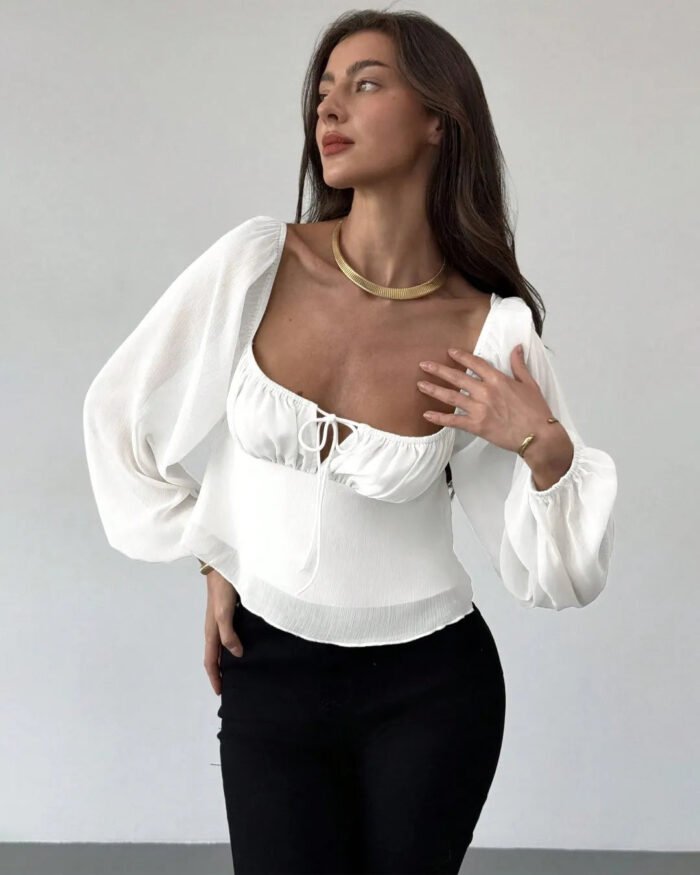 White Puff Sleeve Sweetheart Neck Corset Style Top
