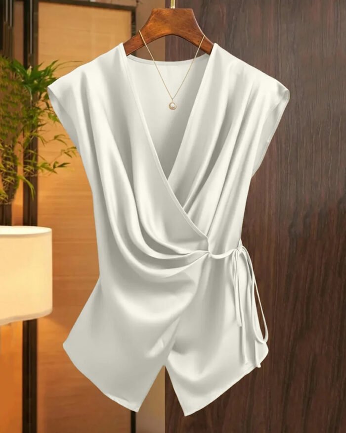 Off-White Solid Color Deep V-Neck Twist Knot Asymmetrical Top