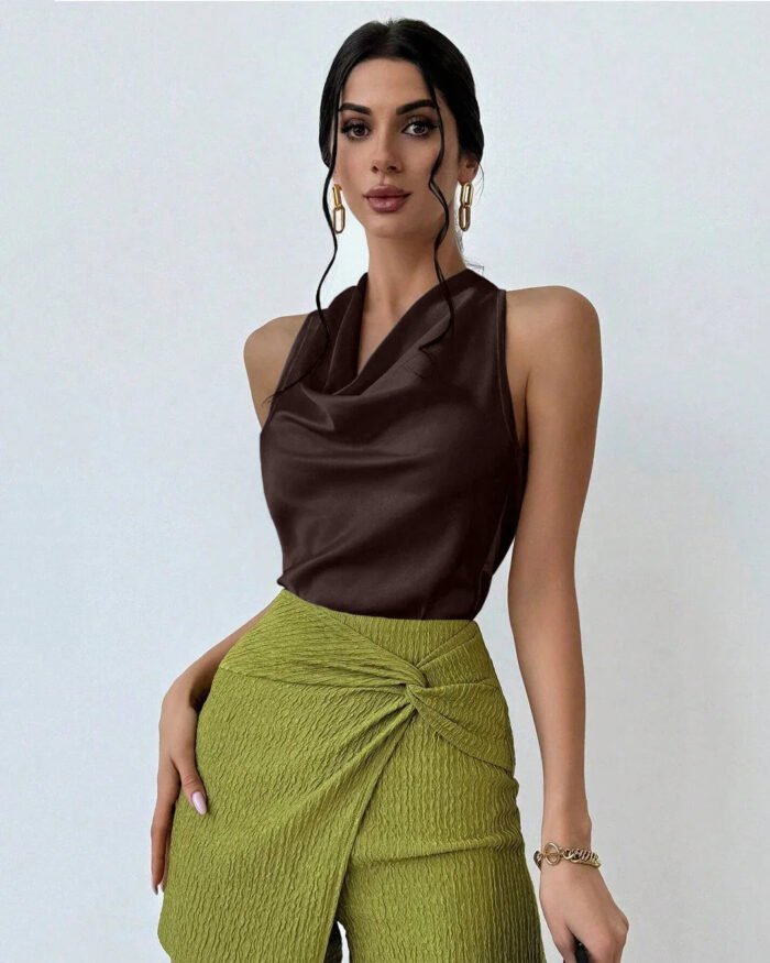 Coffee Solid Cowl Neck Sleeveless Top for Women