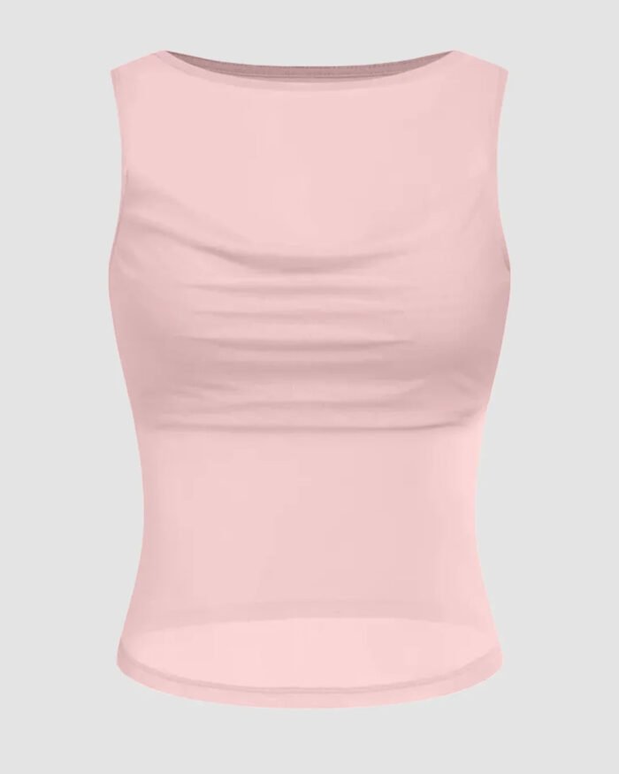 Light Pink Sleeveless Sheer Mesh Ruched Crop Top