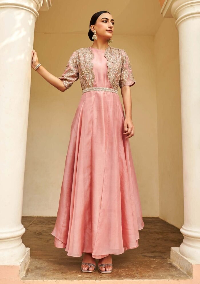 Soft berry embroidered gown and jacket