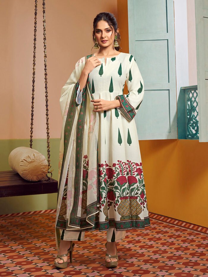 Women's off White Cotton Anarkali Set
