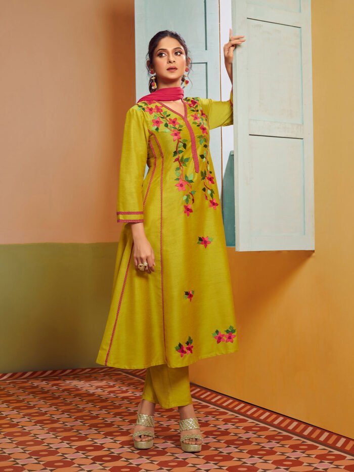 Women's yellow Cotton Anarkali Set
