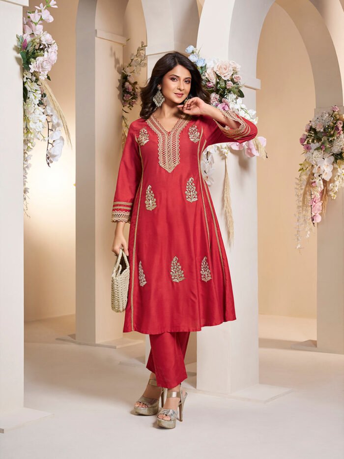 Women's red Cotton Anarkali Set