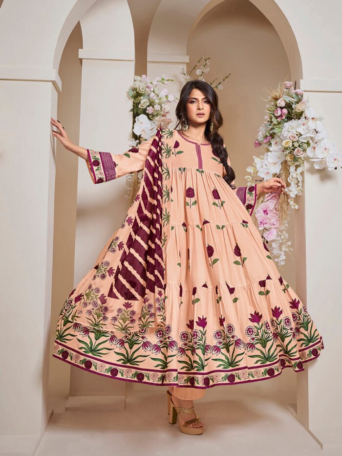 Women's peach Cotton Anarkali Set