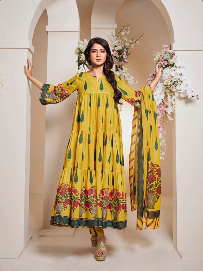 Women's yellow Cotton Anarkali Set