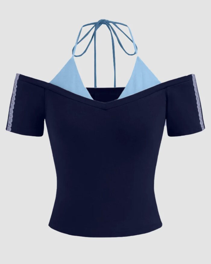 Dual Strap Off Shoulder Halter Neck Top in Powder Blue and Navy Blue