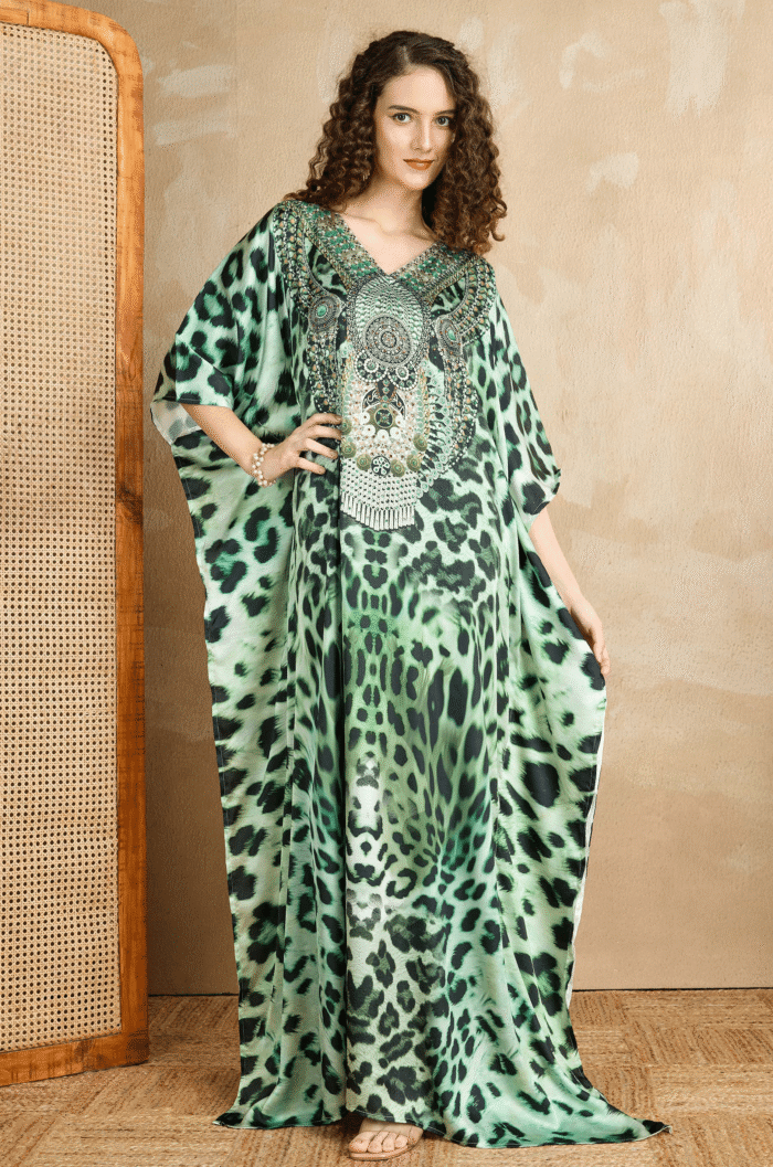 Wild Blue Dynasty Soft Satin Women Kaftan with Rhinestones