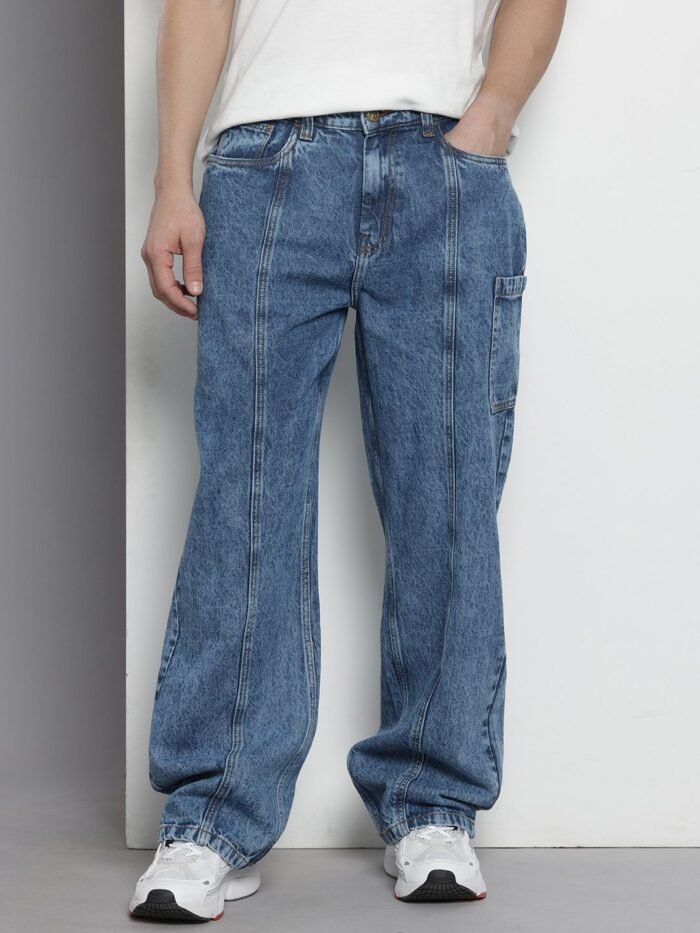 Men's Blue Wide Leg Fit Solid Utility Jeans