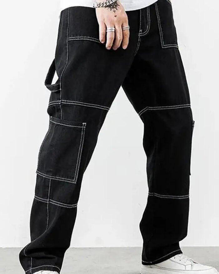 Men Contrast Stich Multiple Pockets Baggy Cargo In Black