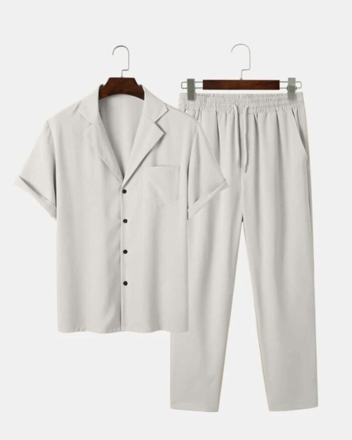 Men Two Piece Outfit Casual Basic Short Sleeved Button Up Shirt & Straight Leg Pant In Grey