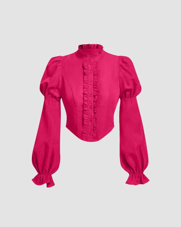 Ruffled High Neck Corset-Style Lantern Sleeve Blouse in Pink