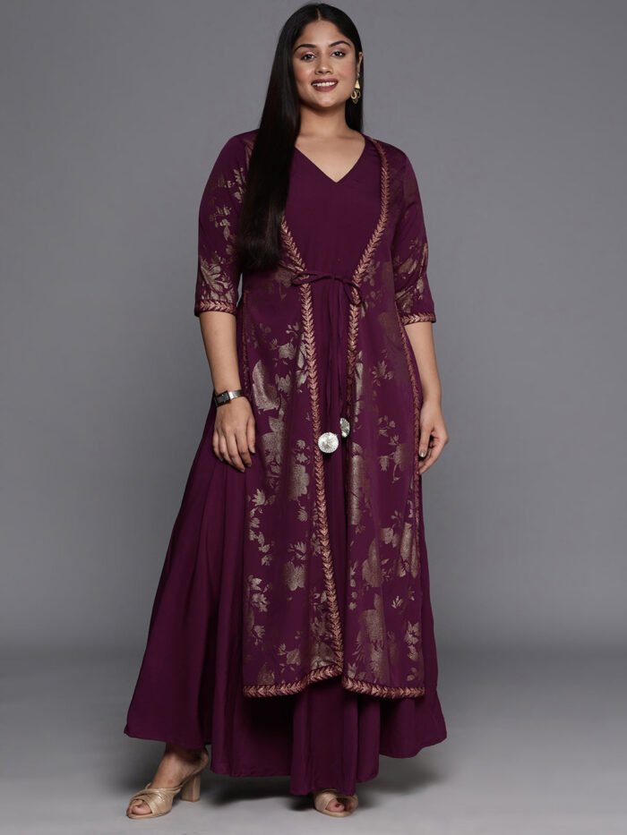 Women's Burgundy Crepe Printed V-Neck Gown