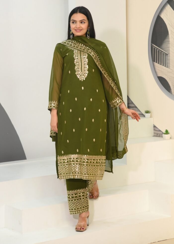 Women's Mahendi Colour Faux Georgette Silk Heavy Embroidery Work Fully Stitched Pakistani Salwar Suit