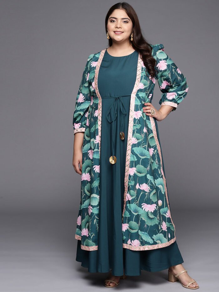 Women's Green Crepe Printed Round Neck Gown