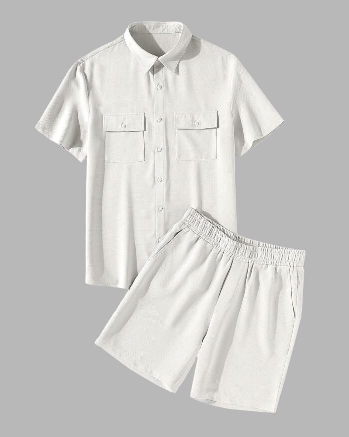 Men Basic Front Flap Pocket Cream Shirt & Drawstring Waist Shorts Set