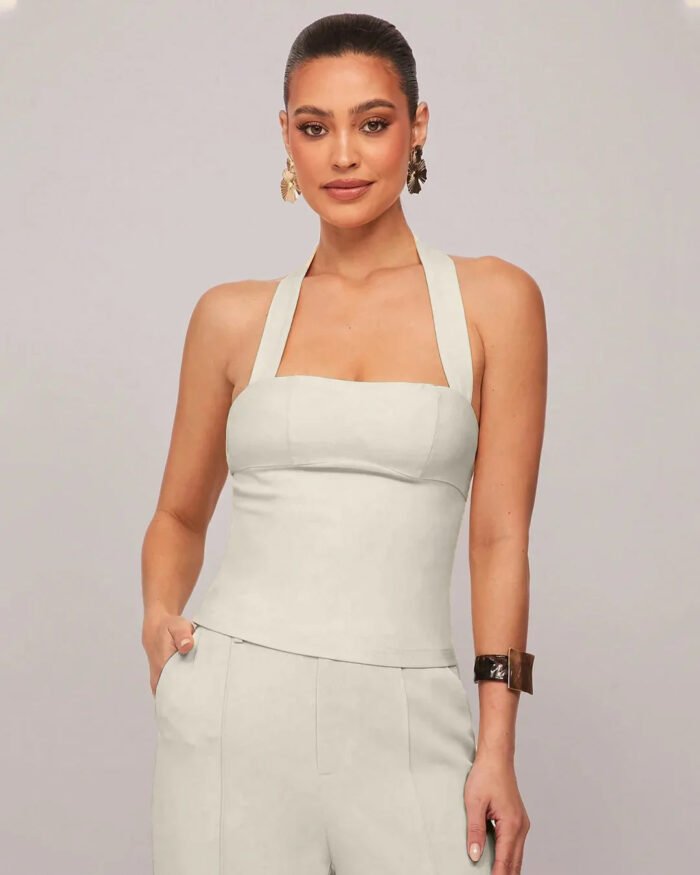 Solid Color Slim Fit Halter Neck Crop Top in Beige