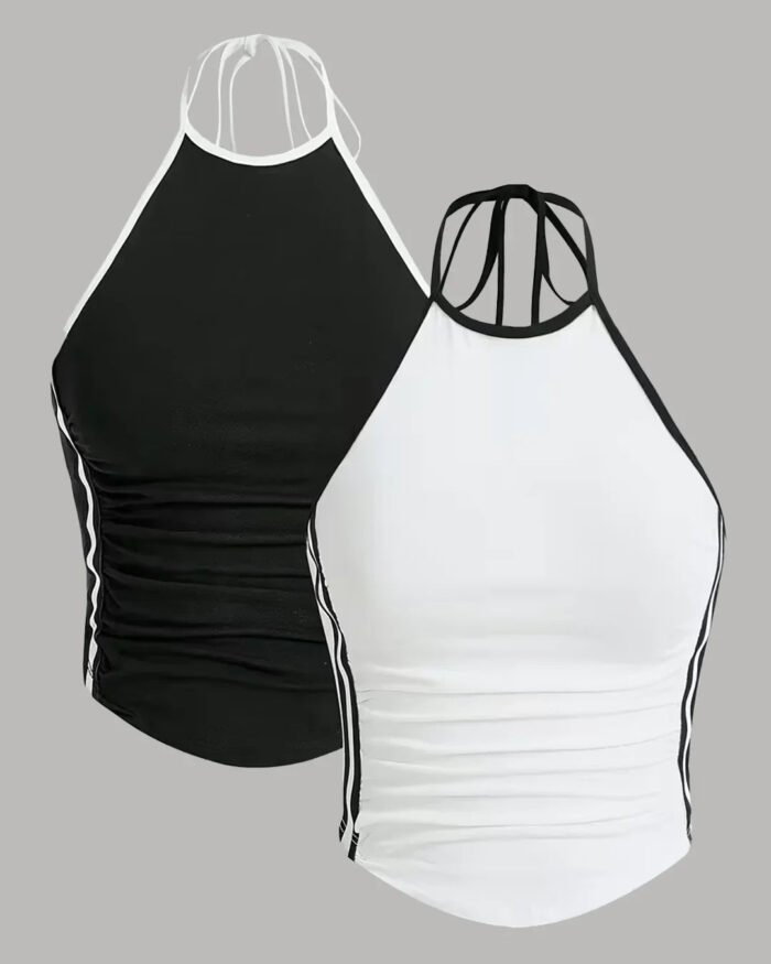 Combo of 2 : White and Black Halter Neck Lace-Up Sleeveless Top
