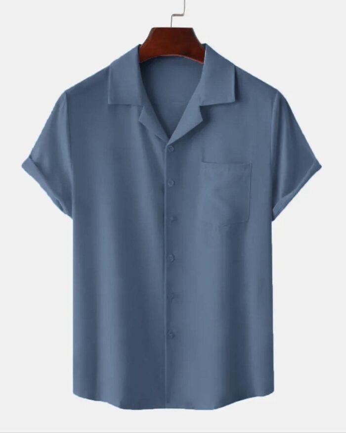 Men Solid Color Short Sleeve Streetwear Shirt In Blue