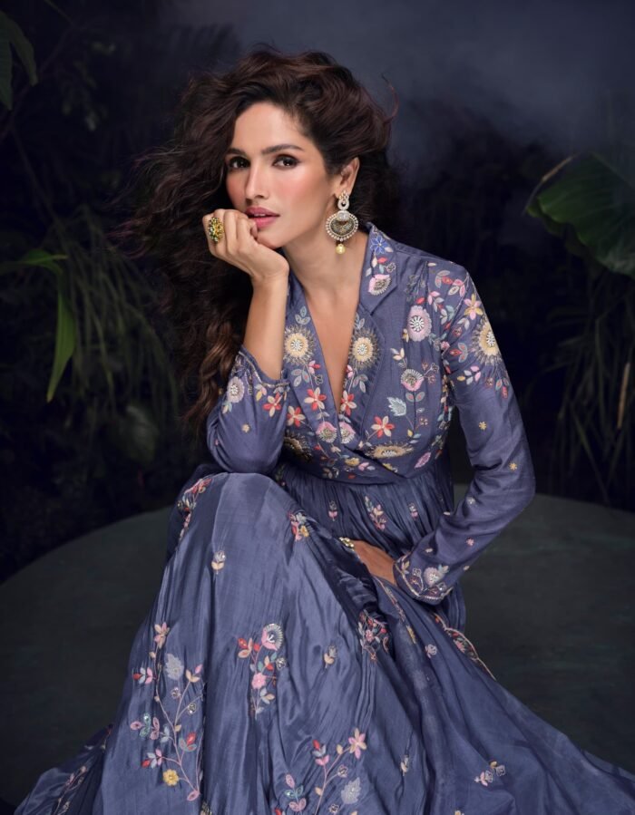 Women's Dark Lavender Heavy Chinon With Embroidery Stitched Gown (Free Size)
