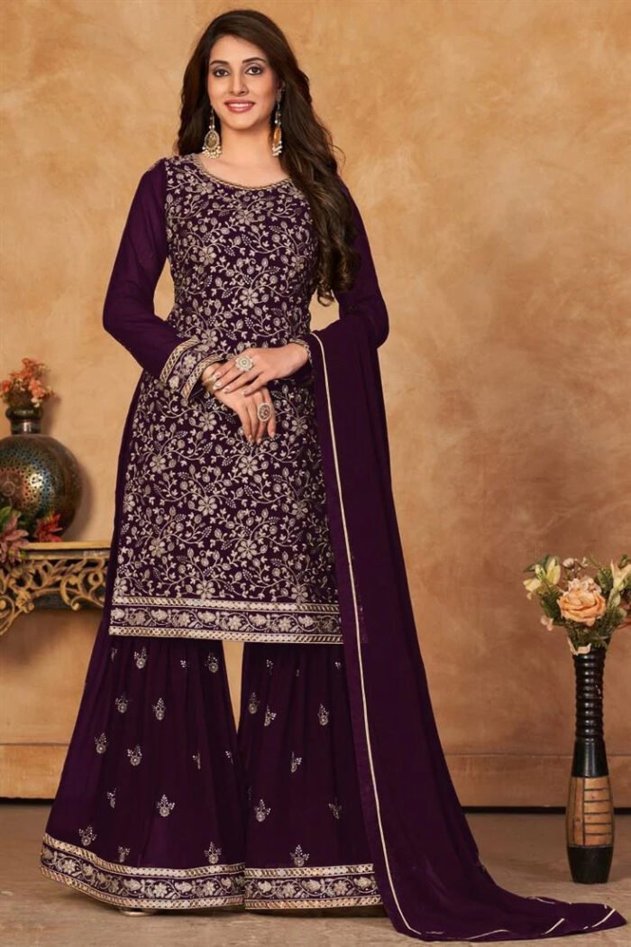 Women's Ethnic  Wear Embroidery Pakistani Style Kurta Sharara And Dupatta