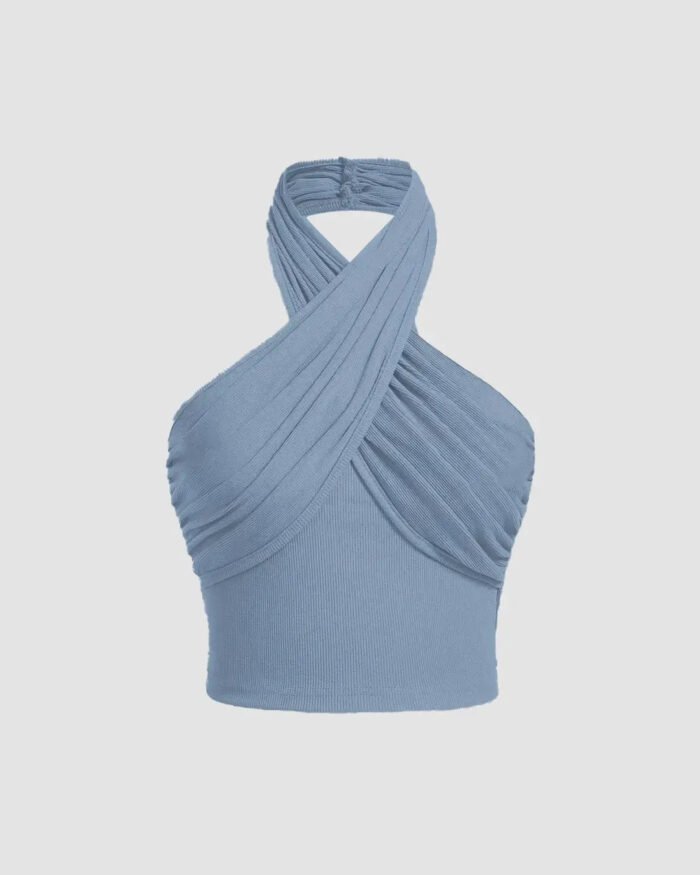 Cross Halter Neck Breast Cup Retraction Dusty Blue Tank Top