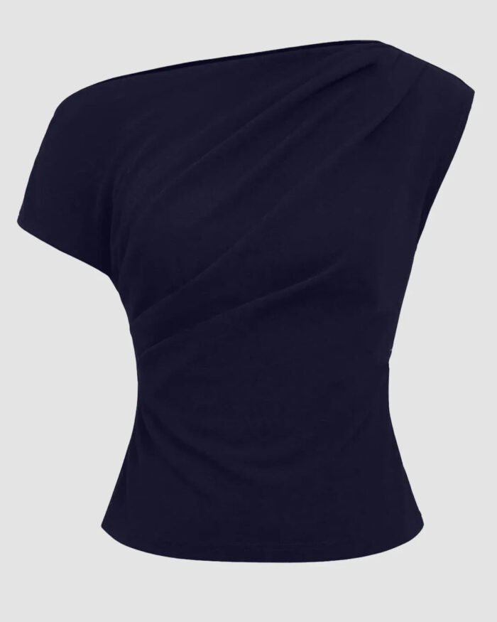 One Shoulder Ruched Asymmetrical Top in Dark Navy Blue