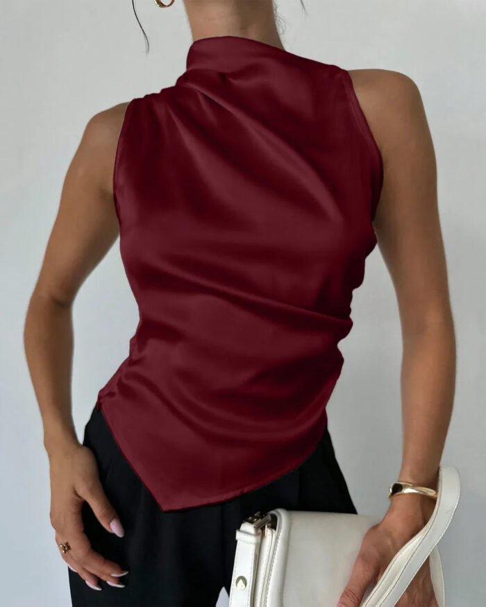 Satin Sleeveless High Neck Asymmetrical Hem Top in Red