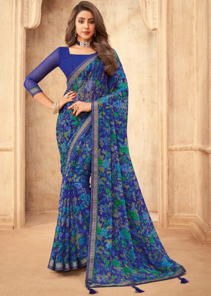Women's Blue Chiffon Floral Printed Saree, Saree With Unstitched Blouse Piece