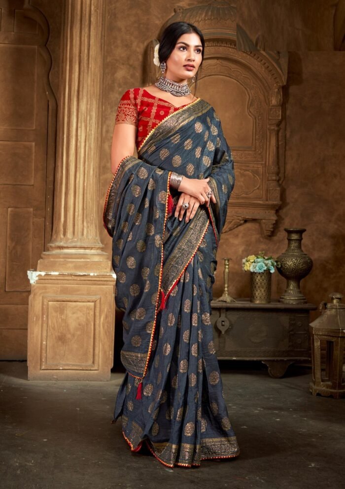 Women's Grey Dola Silk Embellished  Printed Saree With Blouse Piece