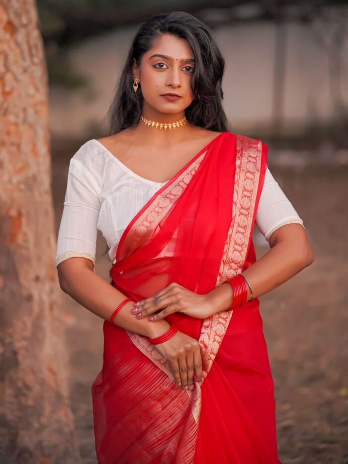 Women's Red Organza Self Design Saree