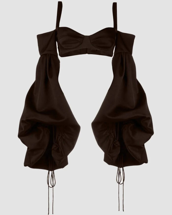 Puff Sleeve Front Slit Crop Top in Chocolate